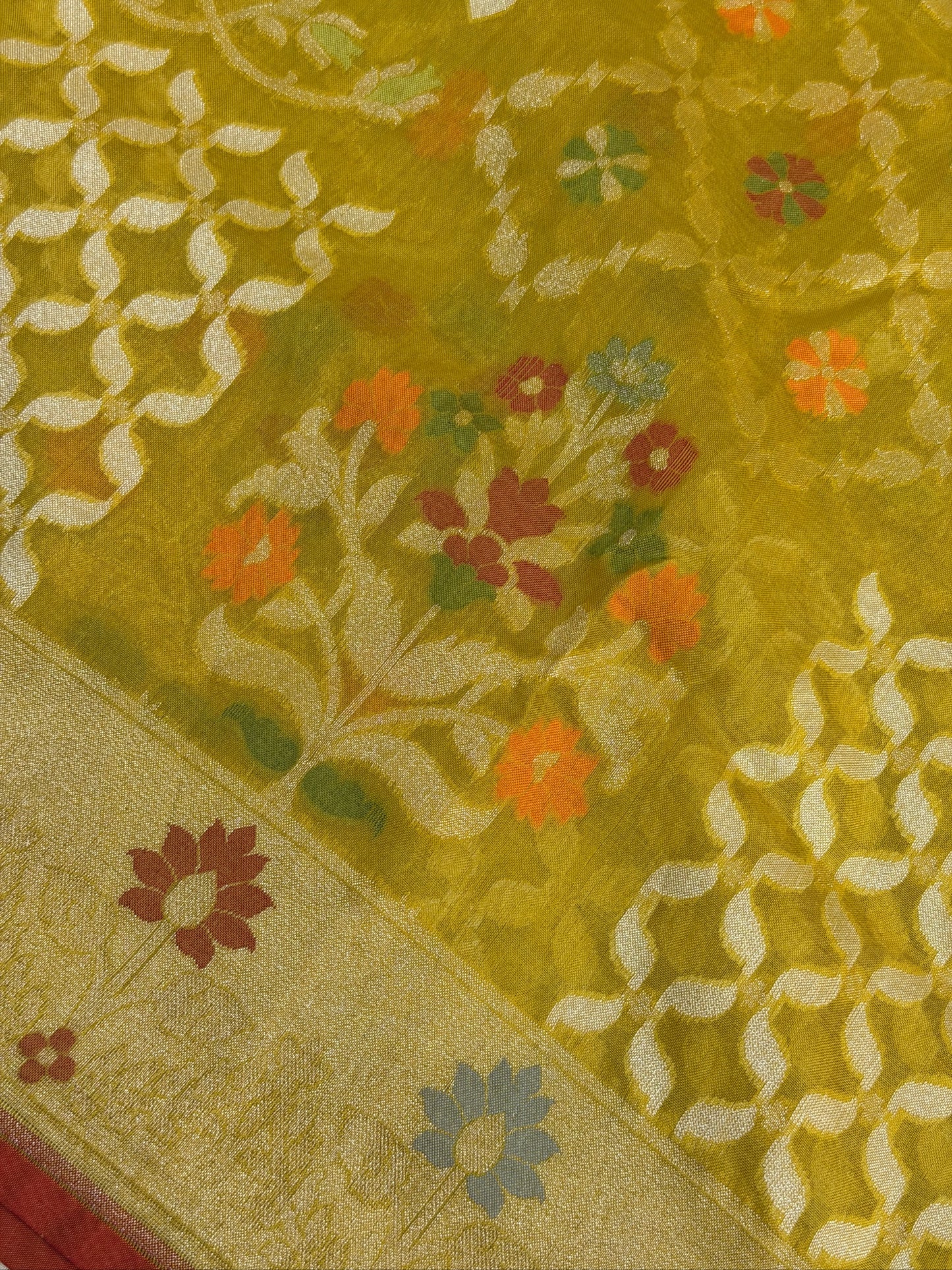 Golden Mustard Banarasi Kora Jamdani Silk Handwoven Saree