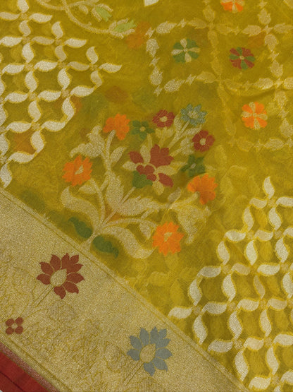 Golden Mustard Banarasi Kora Jamdani Silk Handwoven Saree