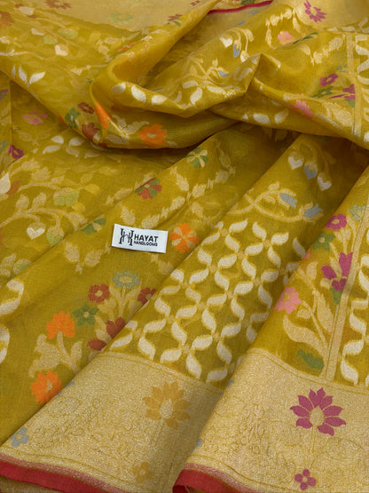 Golden Mustard Banarasi Kora Jamdani Silk Handwoven Saree