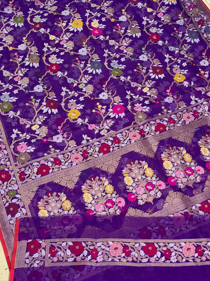Purple Banarasi Kora Jamdani Silk Handwoven Saree