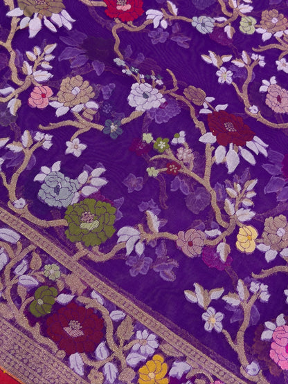 Purple Banarasi Kora Jamdani Silk Handwoven Saree