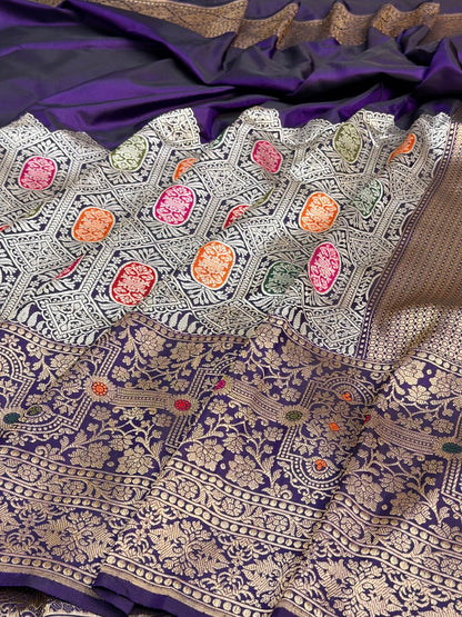 Violet Purple Pure Katan Silk Handwoven Banarasi Saree