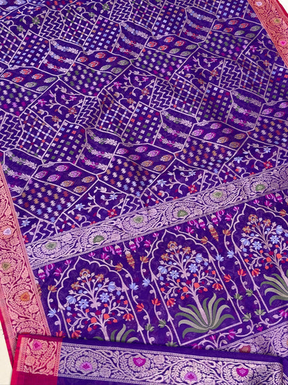 Banarasi Kora Jamdani Silk Handwoven Saree Contrast Border