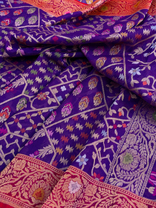 Banarasi Kora Jamdani Silk Handwoven Saree Contrast Border