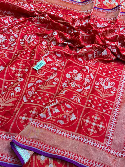Red Pure Banarasi Ektara Jamdani Silk Handwoven Saree
