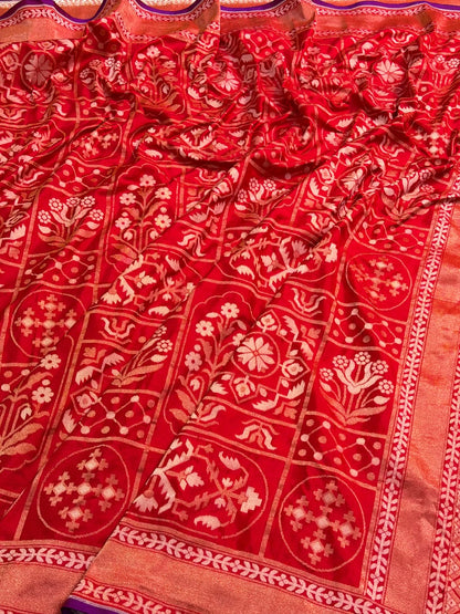 Red Pure Banarasi Ektara Jamdani Silk Handwoven Saree