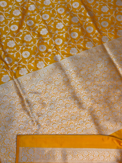 Yellow Banarasi Pure Katan Silk Saree | Pure Silk | Cutwork Technique | Banarasi Katan Silk Saree