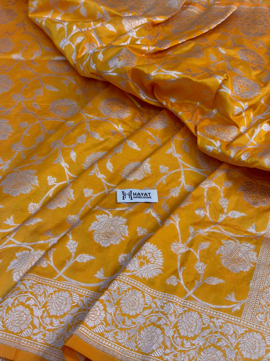 Yellow Banarasi Pure Katan Silk Saree | Pure Silk | Cutwork Technique | Banarasi Katan Silk Saree