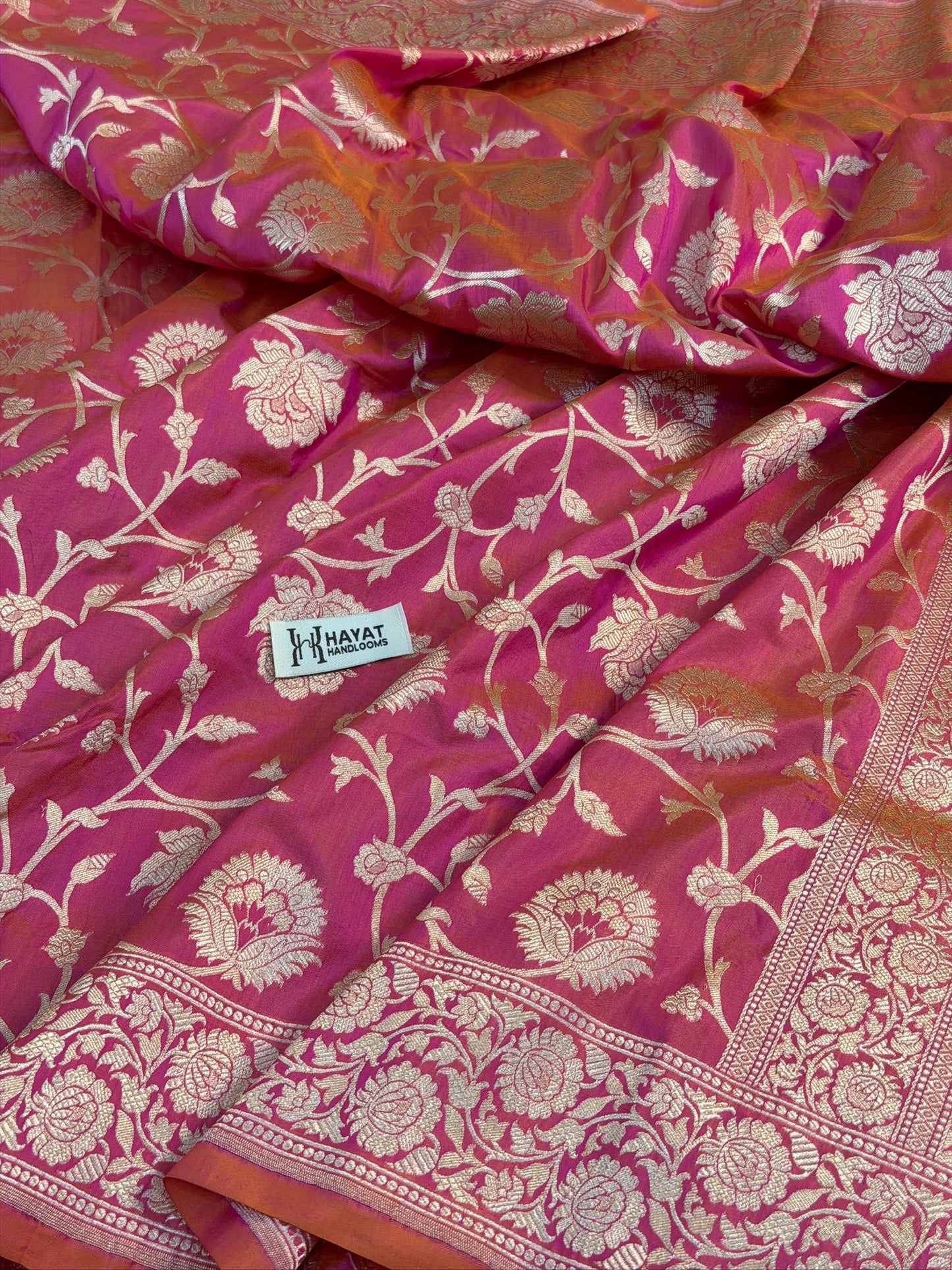 Pinkish Orangish Banarasi Pure Katan Silk Saree | Pure Silk | Cutwork Technique | Banarasi Katan Silk Saree (Copy)