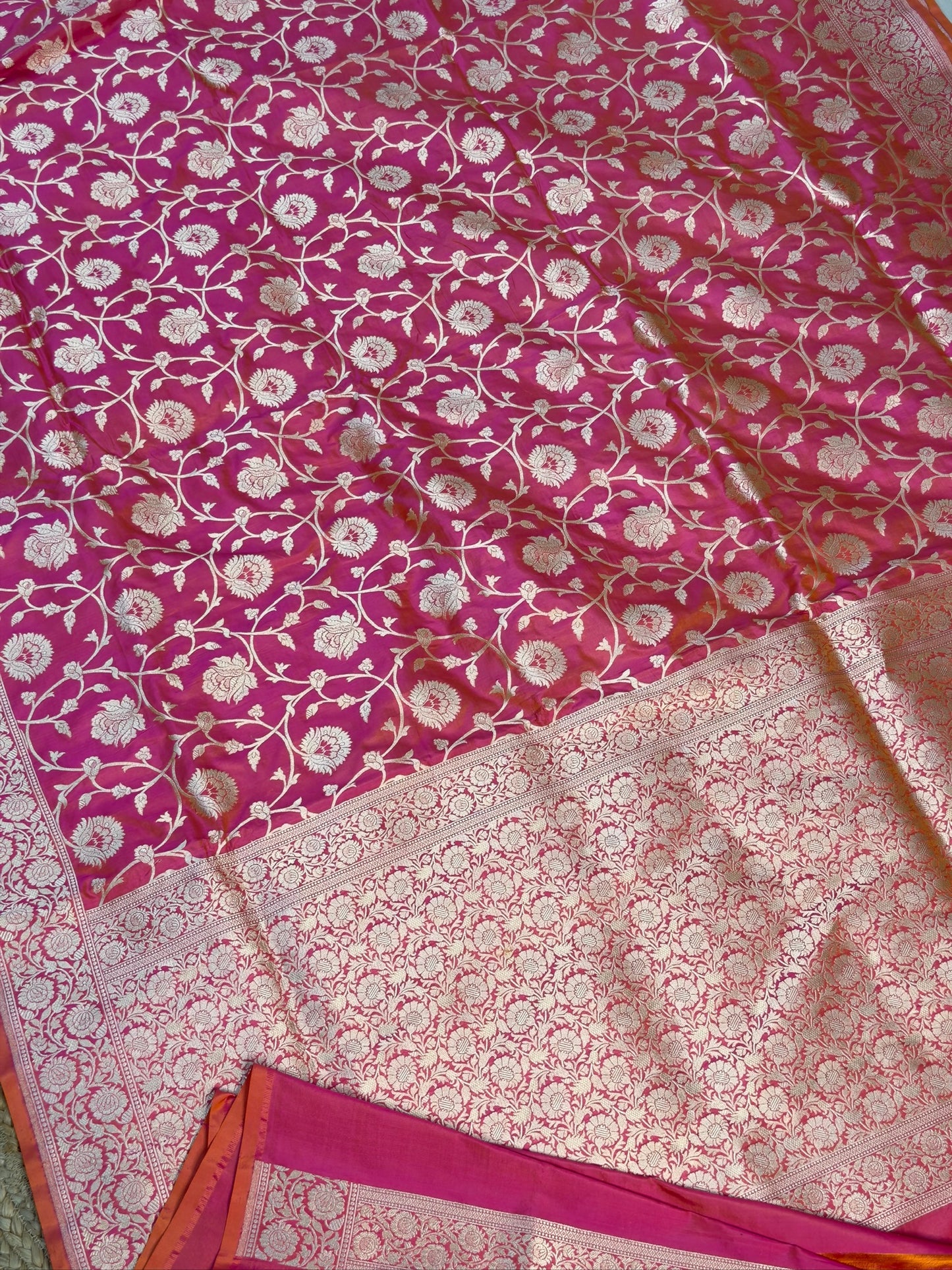 Pinkish Orangish Banarasi Pure Katan Silk Saree | Pure Silk | Cutwork Technique | Banarasi Katan Silk Saree (Copy)