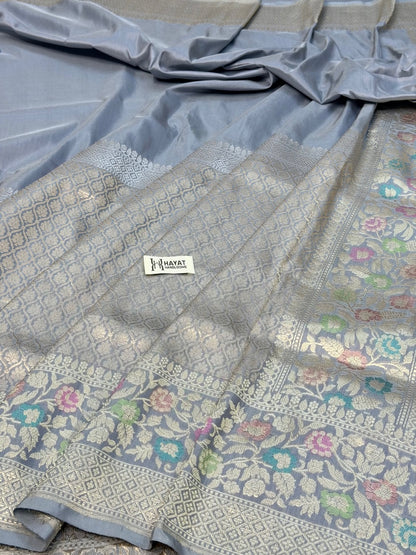 Ash Gray Pure Katan Silk Handwoven Banarasi Saree