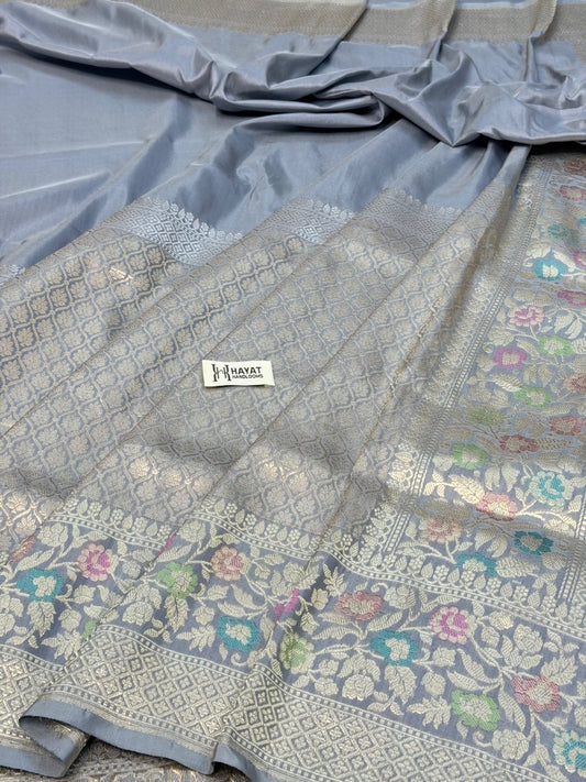 Ash Gray Pure Katan Silk Handwoven Banarasi Saree