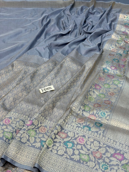Ash Gray Pure Katan Silk Handwoven Banarasi Saree