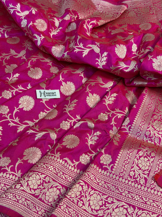 Rani Pink Banarasi Pure Katan Silk Saree | Pure Silk | Cutwork Technique | Banarasi Katan Silk Saree