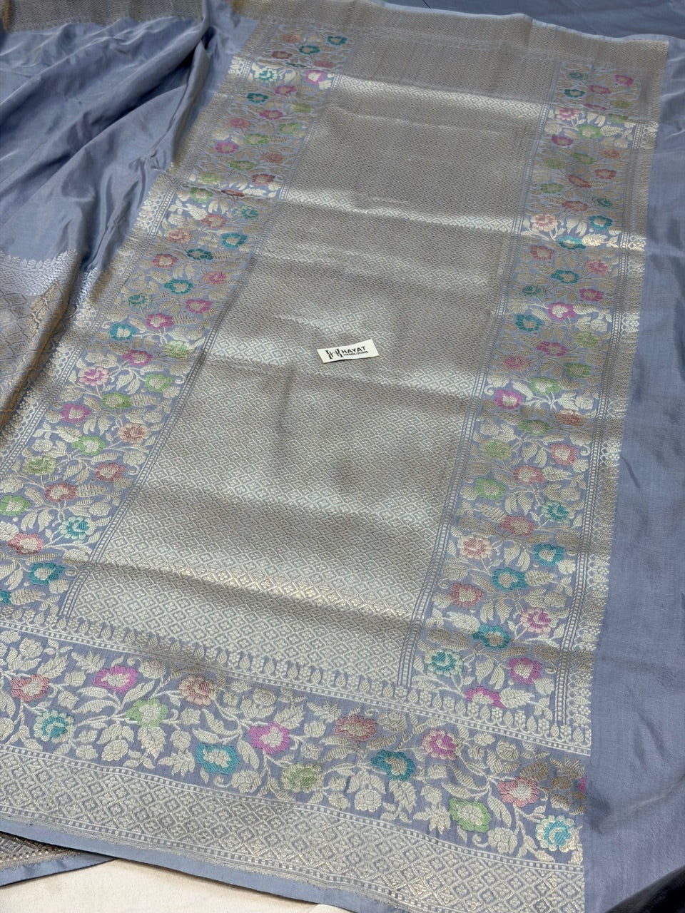 Ash Gray Pure Katan Silk Handwoven Banarasi Saree