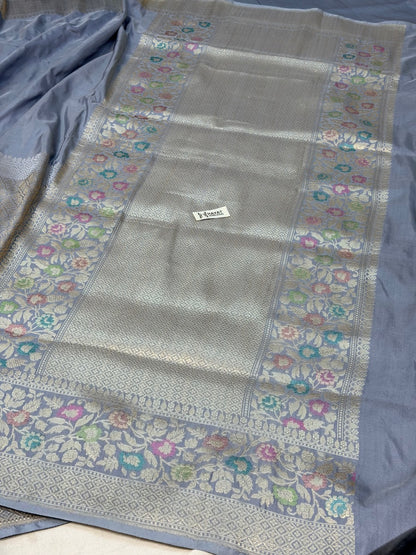 Ash Gray Pure Katan Silk Handwoven Banarasi Saree