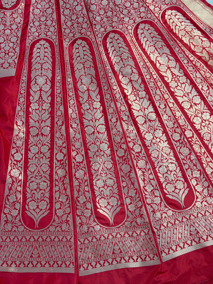 Red Banarasi Katan Silk Lehenga with Silver Zari Weaving | Bridal & Festive Ethnic Wear