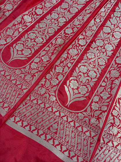Red Banarasi Katan Silk Lehenga with Silver Zari Weaving | Bridal & Festive Ethnic Wear