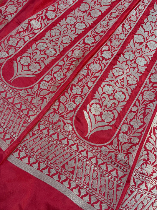 Red Banarasi Katan Silk Lehenga with Silver Zari Weaving | Bridal & Festive Ethnic Wear