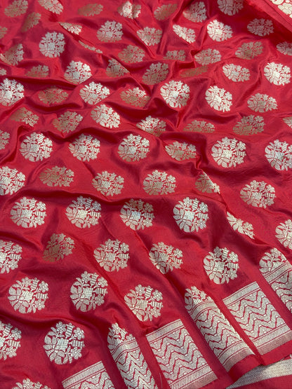 Red Banarasi Katan Silk Lehenga with Silver Zari Weaving | Bridal & Festive Ethnic Wear