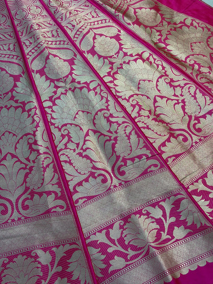 Rani Pink  Banarasi Katan Silk Lehenga with Silver Zari Weaving | Bridal & Festive Ethnic Wear