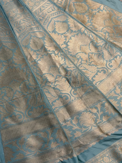 Ash Blue Banarasi Katan Silk Lehenga with Silver Zari Weaving | Bridal & Festive Ethnic Wear