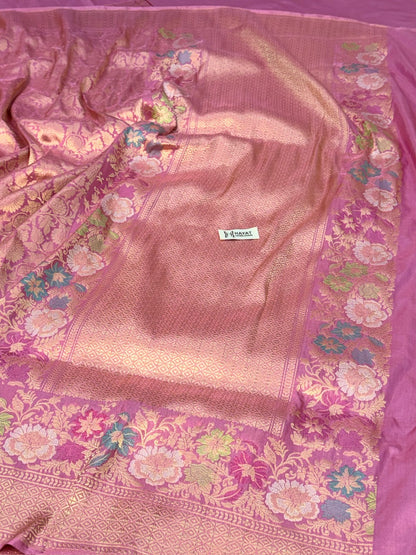 Rose Bloom Pure katan silk handvowen banarasi saree