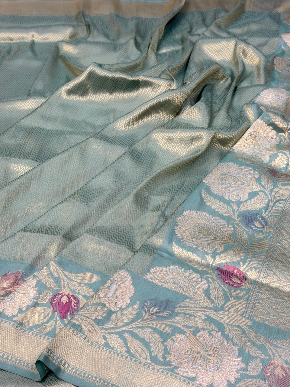 Ocean Mist Pure katan silk handvowen banarasi saree