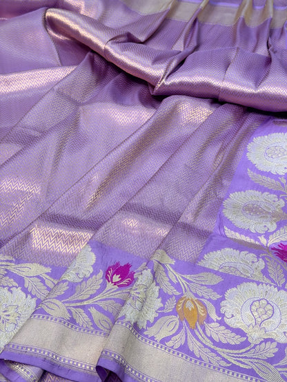 Lavender Pure katan silk handvowen banarasi saree