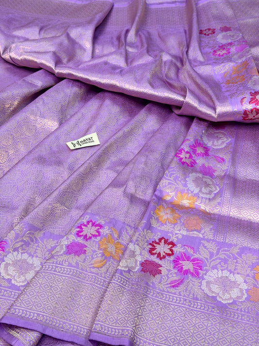 Lavender Pure katan silk handvowen banarasi saree