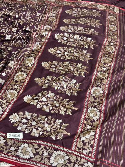 Brown Pure Banarasi Ektara Jamdani Silk Handwoven Saree