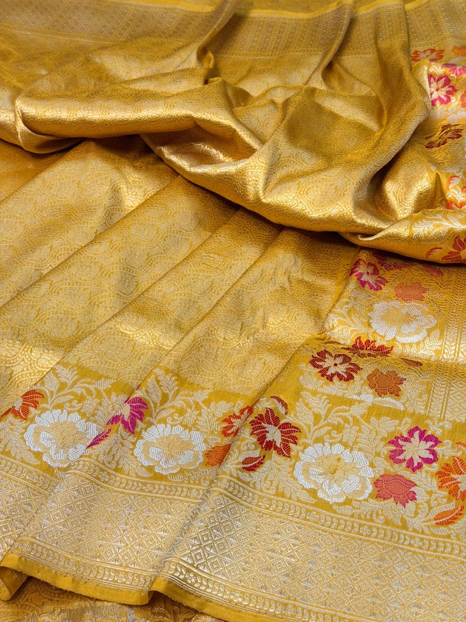 Yellow Pure katan silk handvowen banarasi saree
