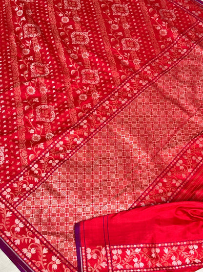 Red Pure Banarasi Ektara Jamdani Silk Handwoven Saree