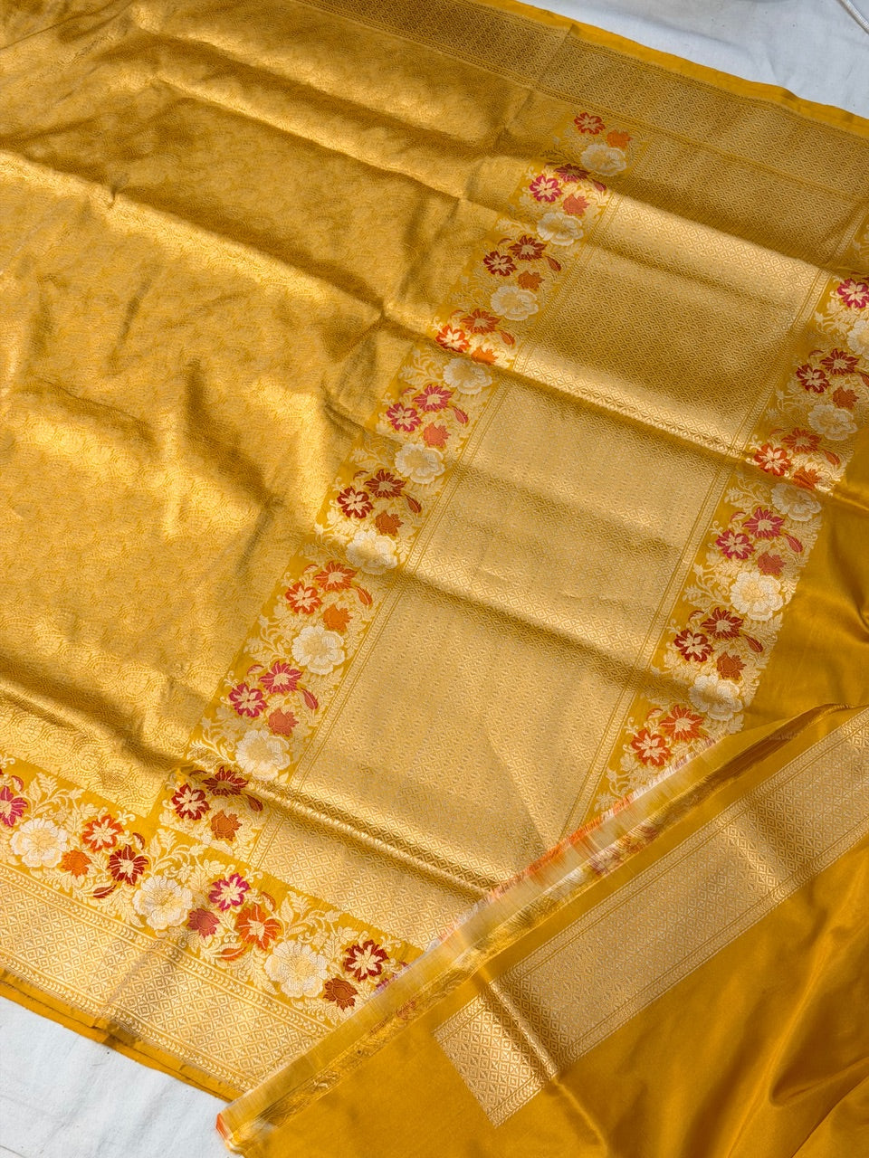 Yellow Pure katan silk handvowen banarasi saree