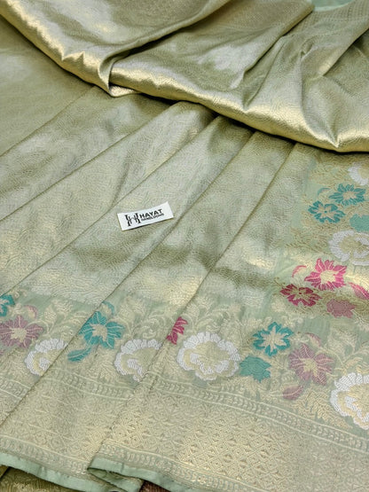 Pista Green Pure katan silk handvowen banarasi saree