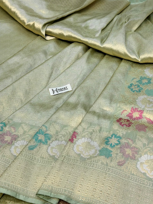 Pista Green Pure katan silk handvowen banarasi saree