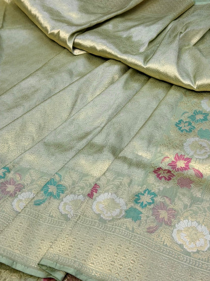 Pista Green Pure katan silk handvowen banarasi saree