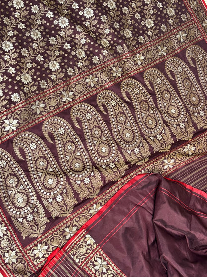 Brown Pure Banarasi Ektara Jamdani Silk Handwoven Saree