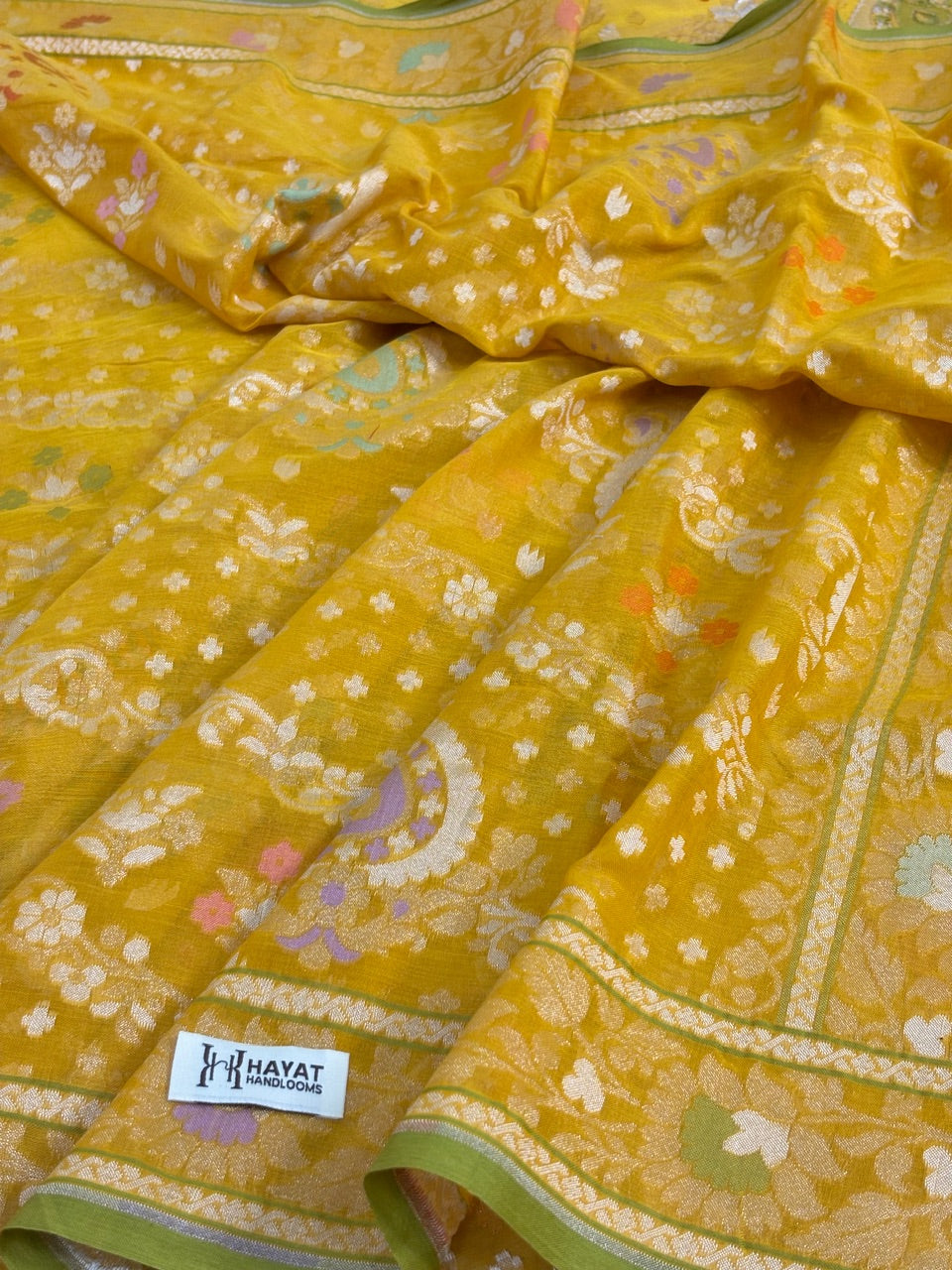 Yellow Banarasi cotton Jamdani handloom Saree