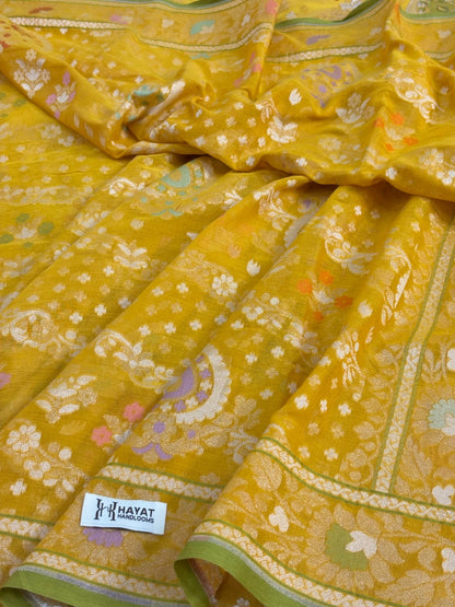 Yellow Banarasi cotton Jamdani handloom Saree