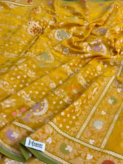 Yellow Banarasi cotton Jamdani handloom Saree