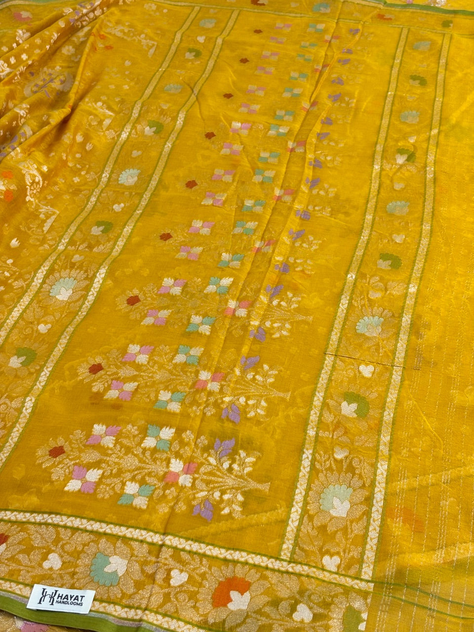 Yellow Banarasi cotton Jamdani handloom Saree