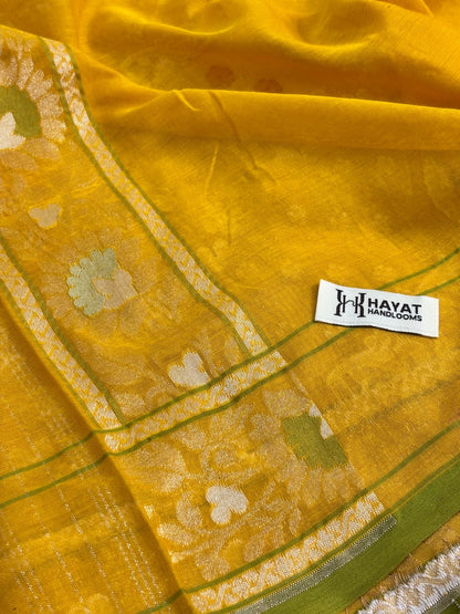 Yellow Banarasi cotton Jamdani handloom Saree