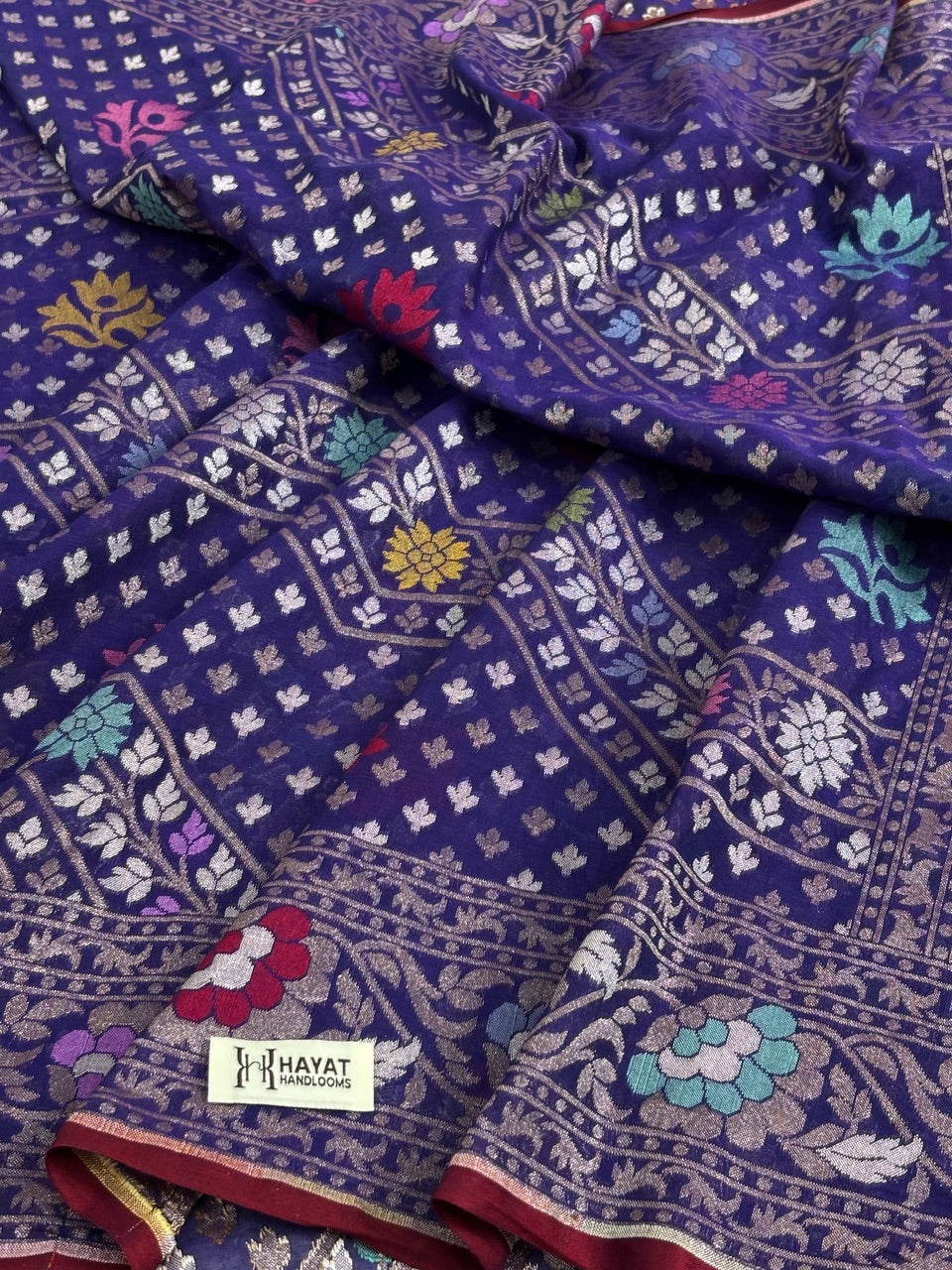 Blue Banarasi cotton Jamdani handloom Saree