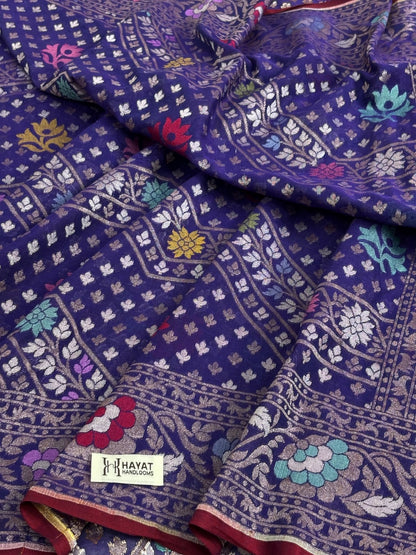 Blue Banarasi cotton Jamdani handloom Saree
