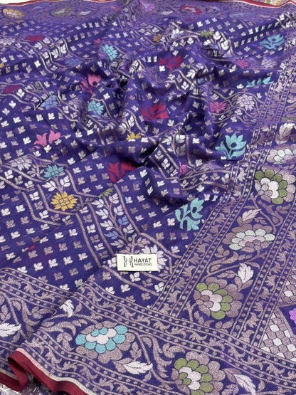 Blue Banarasi cotton Jamdani handloom Saree