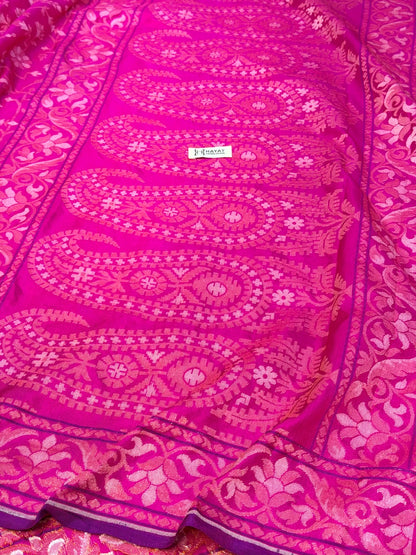 Hot Pink  Pure Banarasi Ektara Jamdani Silk Handwoven Saree