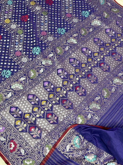 Blue Banarasi cotton Jamdani handloom Saree