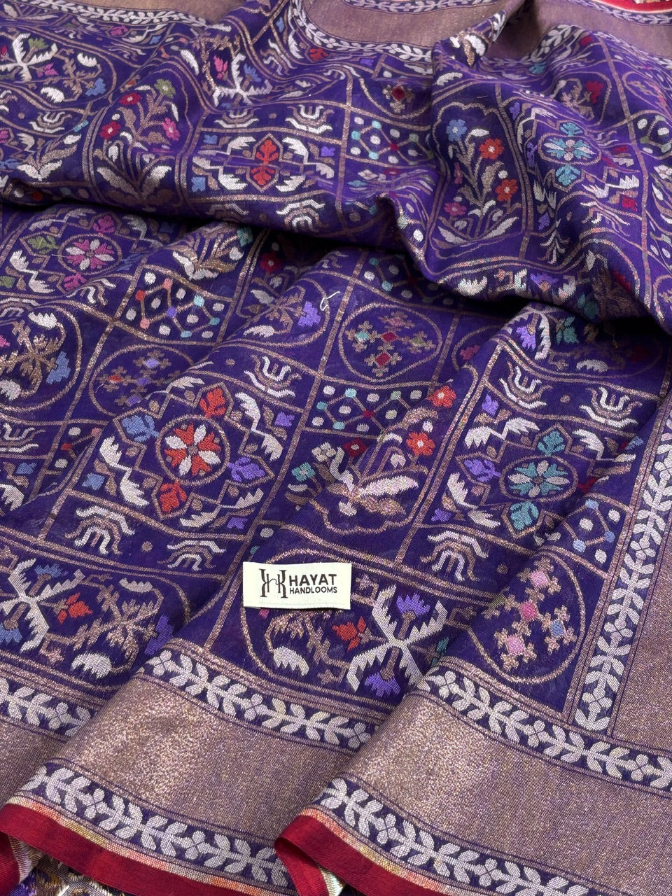 Blue Banarasi cotton Jamdani handloom Saree