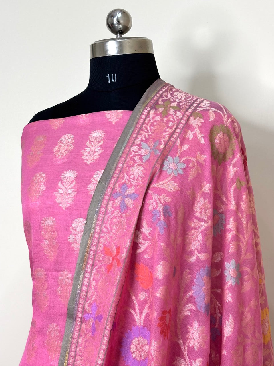 Baby Pink Pure Cotton Jmdani Silk  Suit Set with Dupatta